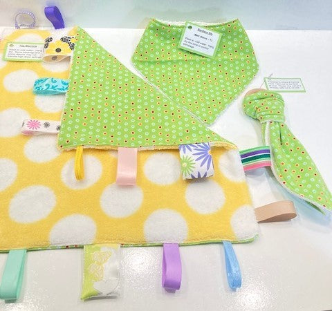 3 piece Tag Blanket, Bandana & Teether - Green with red/orange/blue dotted pattern print