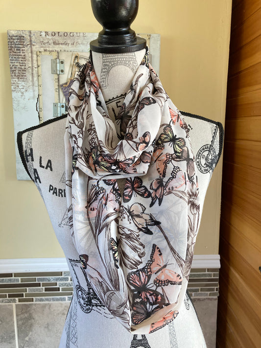 Cream With Butterflies & Flowers Infinity Scarf - Fashionelle Studio Handmade Scarves