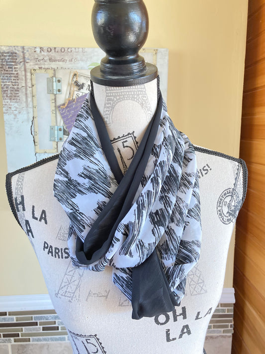 Black/White against Solid Black Chiffon Scarf - Fashionelle Studio Handmade Scarves