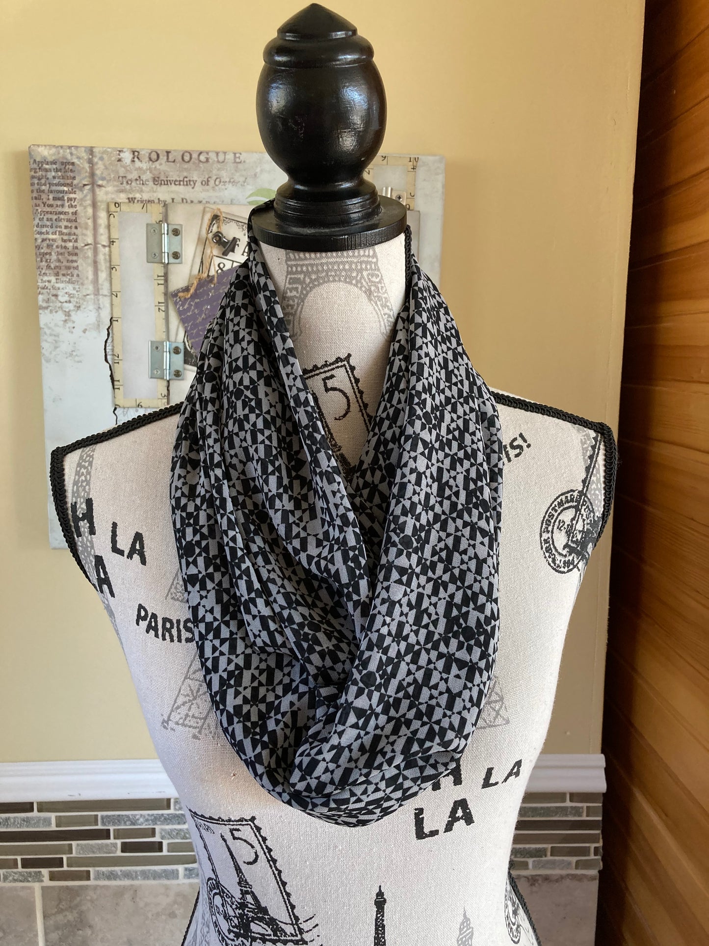 Grey & Black Geographic Designs Chiffon Scarf - Fashionelle Studio Handmade Scarves