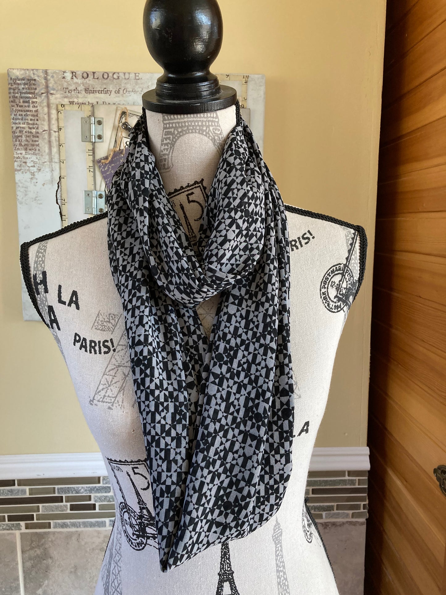 Grey & Black Geographic Designs Chiffon Scarf - Fashionelle Studio Handmade Scarves