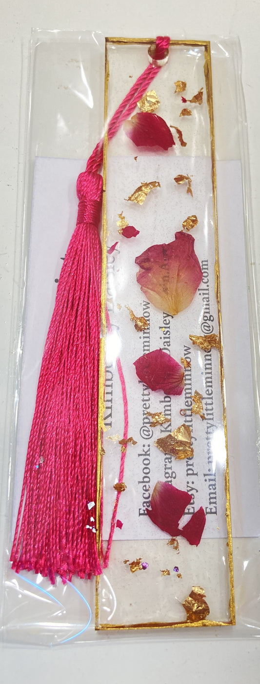 Clear bookmark with Baby Pink and gold flecks with baby pink tassel