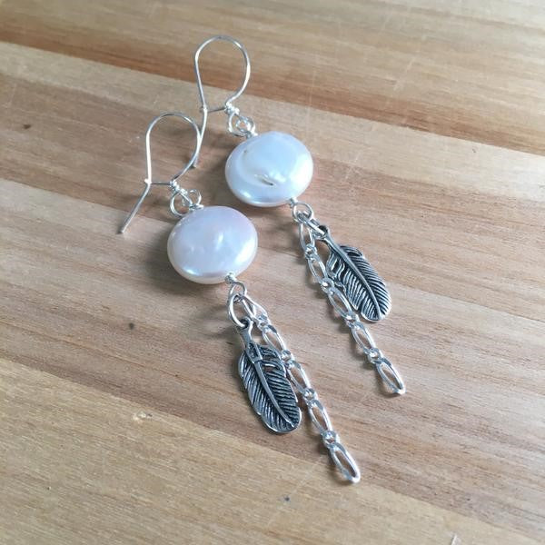 Coin White Pearl Earrings with Feather